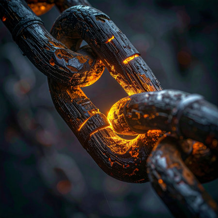 A close-up of a massive, rusty chain glowing with intense internal heat.の素材