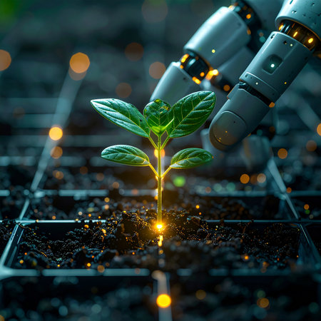 A robotic arm, guided by artificial intelligence, gently tends to a young seedling.の素材