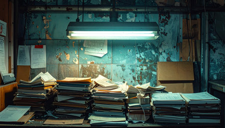 In a forgotten basement archive, a single fluorescent light hums over mountains of paperwork and case files.の素材