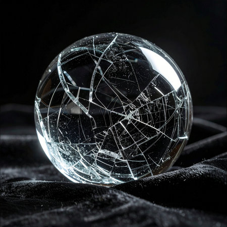 A crystal ball, once a vessel for seeing the future, now sits shattered on dark velvet.の素材