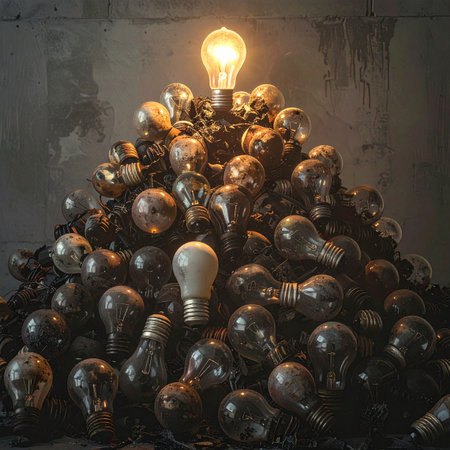 In a sea of discarded and forgotten attempts, a single brilliant idea illuminates the darkness.の素材