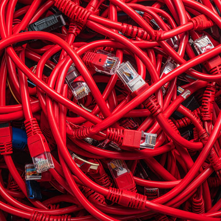 A chaotic jumble of red ethernet cables represents the complex and often overwhelming nature of modern digital infrastructure.の素材