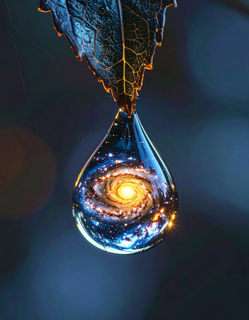 A single, perfect droplet of water clings to the tip of a leaf, holding within its tiny sphere the breathtaking spectacle of a swirling spiral galaxy.の素材