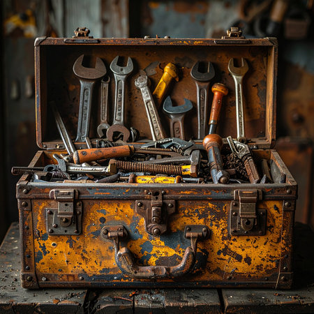 An open, weathered toolbox reveals a lifetime of work and craftsmanship.の素材