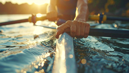 A close-up shot captures the powerful grip of a rower's hand on an oar, slicing through the calm water.の素材