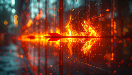A glowing arrow, wreathed in digital flames, strikes its mark with unerring accuracy.の素材