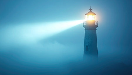 A solitary lighthouse stands firm against the encroaching night, its powerful beam cutting through the dense blue fog.の素材