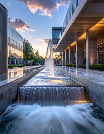 As the sun sets, casting a warm glow on the clouds, a modern corporate headquarters exudes an atmosphere of calm success.の素材