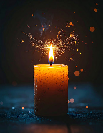 In the quiet darkness, a single candle flame bursts into a shower of magical sparks, illuminating a moment of celebration, hope, and wonder.の素材