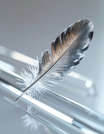 A single, delicate bird feather rests upon a cool, reflective surface, its intricate details captured in soft, gentle light.の素材