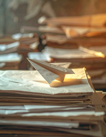 In a quiet, sunlit office filled with stacks of old documents, a simple paper airplane rests, ready for takeoff.の素材
