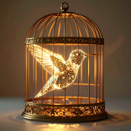 In the quiet of a dimly lit room, a magical hummingbird made of pure light and crystal hovers within an ornate golden cage.の素材