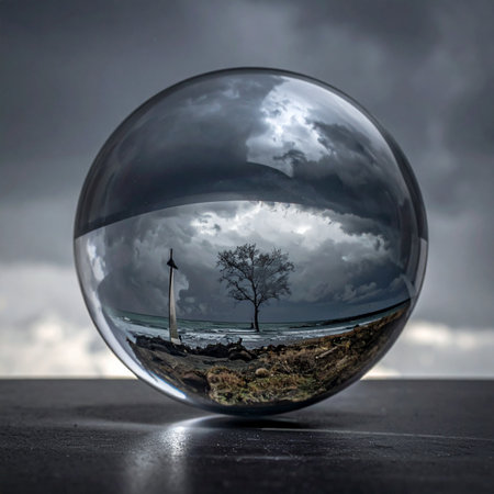 A crystal ball captures a dramatic coastal landscape, offering a focused glimpse into a world under a stormy sky.の素材