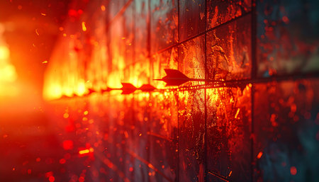 An arrow engulfed in flames streaks through the air, a fiery messenger of war and conflict.の素材