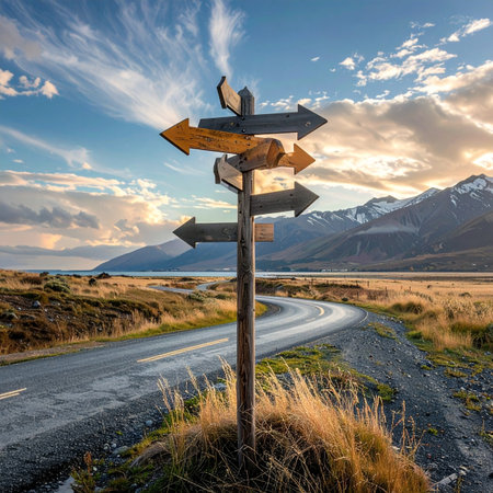 A rustic wooden signpost with blank arrows stands at a fork in a winding mountain road.の素材