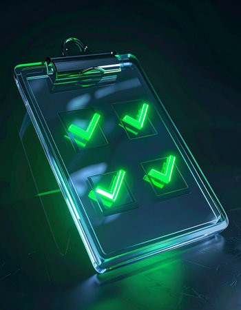 In a sleek, modern setting, a high-tech clipboard displays four glowing green checkmarks, each one a beacon of success.の素材