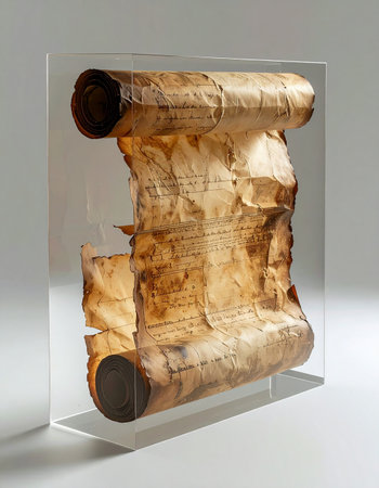 A fragile, ancient scroll, its weathered parchment holding the secrets of a bygone era, is carefully encased in a clear acrylic block.の素材
