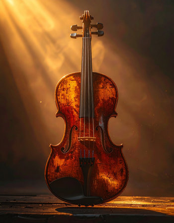 An antique wooden violin stands alone, bathed in warm, dramatic rays of light from above.の素材