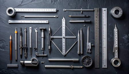 A meticulously organized collection of precision engineering and drafting tools lies ready on a dark, textured surface.の素材