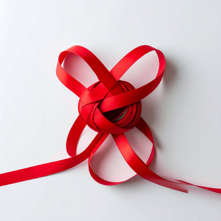 A single red satin ribbon is carefully tied into an intricate, beautiful knot, resembling a blooming flower.の素材