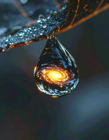 A single, perfect water droplet clings to the edge of a leaf, holding an entire galaxy within its tiny sphere.の素材