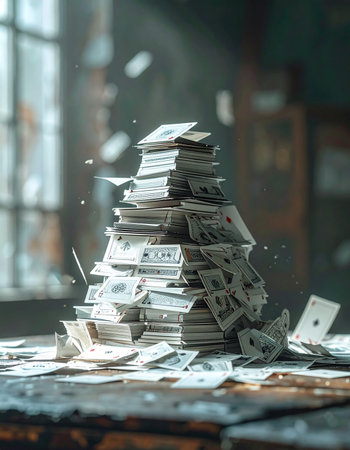 A massive, disorganized tower of cash sits on a dusty table in a dimly lit room. Bills float through the air, capturing a moment of chaotic windfall, illicit gains, or the fleeting nature of wealth.の素材