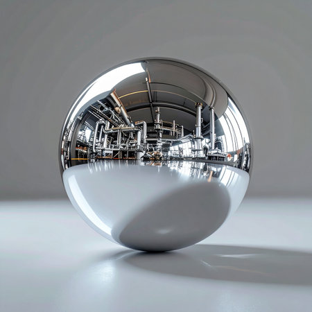 A flawless chrome sphere rests on a clean surface, capturing a detailed yet distorted reflection of a sprawling industrial complex.の素材