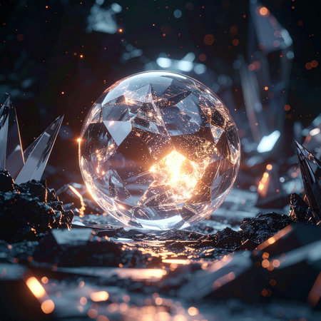 In the heart of a shattered, forgotten landscape, a flawless crystal orb pulsates with an ancient, fiery energy.の素材