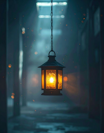 A single vintage lantern hangs in a dark, misty alley, its warm, golden glow cutting through the cool, blue fog.の素材