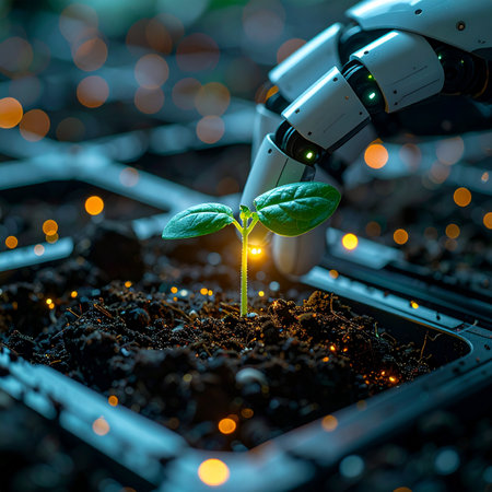 In a glimpse of the future, a robotic hand gently tends to a delicate new sprout, symbolizing the harmonious integration of technology and nature.の素材