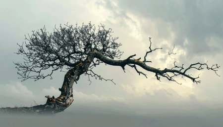 In a world shrouded in mist and uncertainty, two figures find a moment of quiet connection and solace at the base of an ancient, resilient tree.の素材