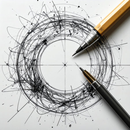 A visual representation of the creative process, where initial precise plans erupt into a chaotic scribble of brainstorming.の素材