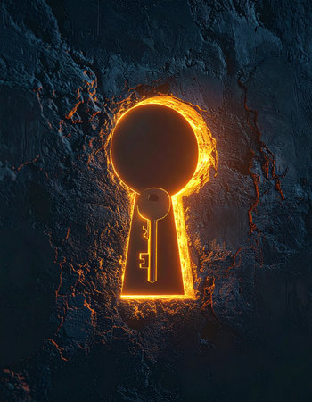 A mysterious keyhole glows with a warm, fiery light in a dark stone wall, revealing the silhouette of a key within.の素材