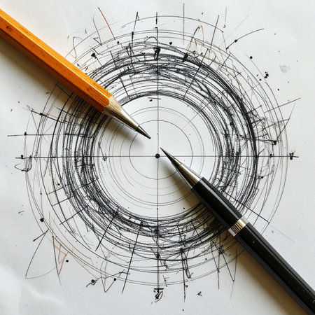 Two opposing forces, the raw creativity of a pencil and the sharp precision of a pen, converge on a central idea.の素材