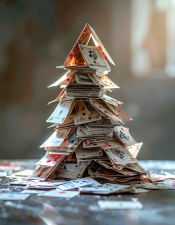 A testament to patience and a steady hand, a Christmas tree is meticulously constructed from a deck of playing cards.の素材