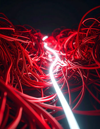 A brilliant pulse of pure data or energy surges through a chaotic and complex tangle of red wires.の素材