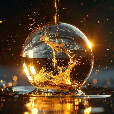 A precious golden liquid is poured into a crystal clear orb, creating a vibrant and energetic splash frozen in time.の素材