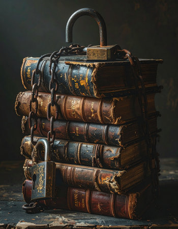 A stack of ancient, leather-bound tomes holds forgotten secrets and forbidden lore, bound tightly by a heavy chain and secured with a rustic padlock.の素材