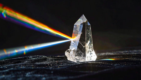 A single beam of pure white light enters a clear quartz crystal, revealing its hidden potential as it bursts forth into a vibrant rainbow.の素材