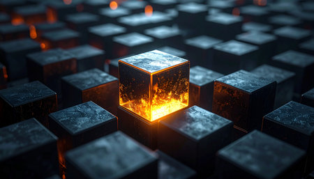 In a vast, dormant network of cold, uniform blocks, a single core awakens with fiery energy.の素材