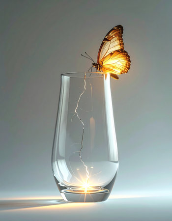 A delicate butterfly with luminous wings rests on the edge of a glass, drawing power from a glowing filament within.の素材