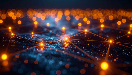 A vast, interconnected web of glowing nodes pulses with information, representing a complex digital ecosystem.の素材
