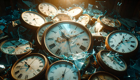 In a surreal cascade, countless clocks lie shattered and broken, their hands frozen at different moments.の素材
