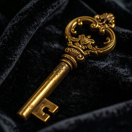An ornate, antique gold key rests upon a bed of rich, dark velvet, its intricate details hinting at a forgotten story.の素材