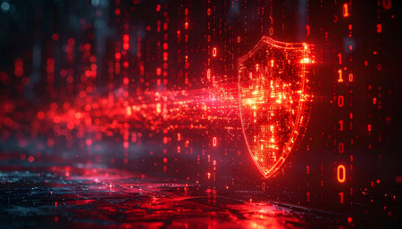 A powerful digital shield materializes in a dark cyberspace, glowing with red energy as it deflects a malicious stream of binary code.の素材