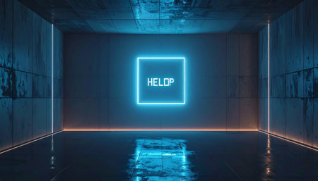 A glowing blue neon sign with the word 'Hello' offers a vibrant welcome from the back wall of a dark, futuristic concrete room.の素材