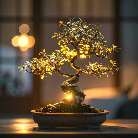 A miniature bonsai tree, a symbol of harmony and balance, glows with an enchanting inner light.の素材