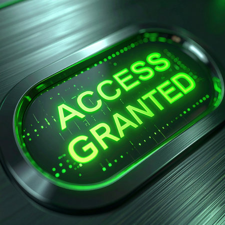 A glowing green screen confirms successful entry, displaying the words 'Access Granted'.の素材