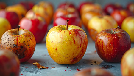 A beautiful collection of freshly picked, rustic apples rests on a cool stone surface.の素材