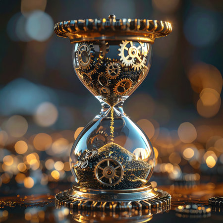 An intricate steampunk hourglass stands against a backdrop of warm bokeh lights.の素材